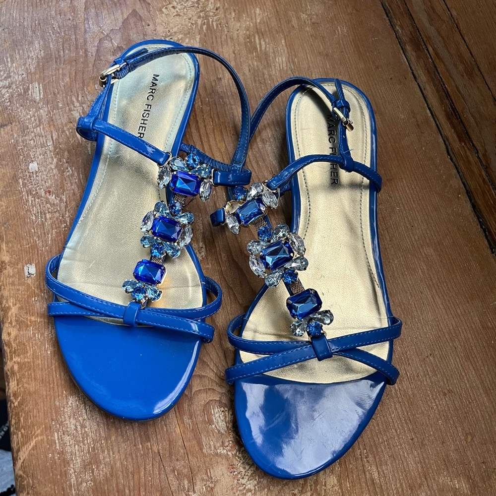 Marc Fisher blue strappy sandal with rhinestones